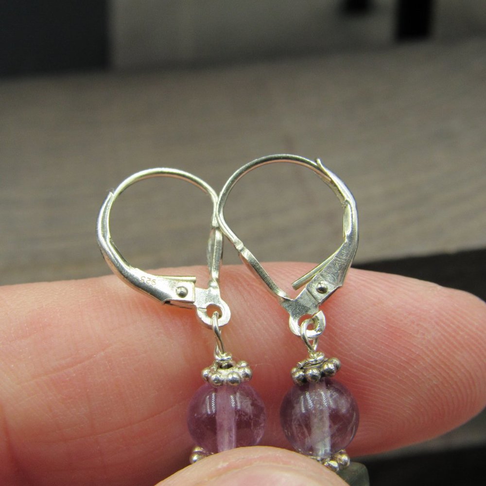 Sterling Quartz Jadeite Amethyst Stone Earrings - Picture 3 of 6